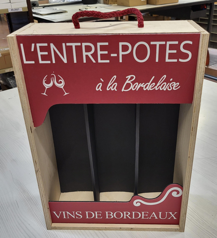 Caisse bois pour 3 Bouteilles L'ENTRE-POTES avec Glissière CB3EP