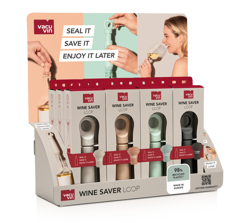 Présentoir de 12 Pompes Vacuvin couleurs assorties (vert, noir, terre, jade)