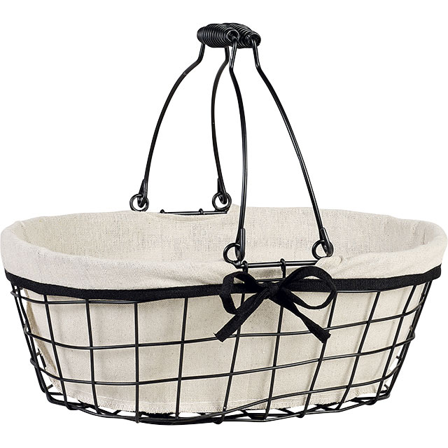 Panier métal ovale noir/tissu écru anses rabattables 35x25x13 cm colisé par 10