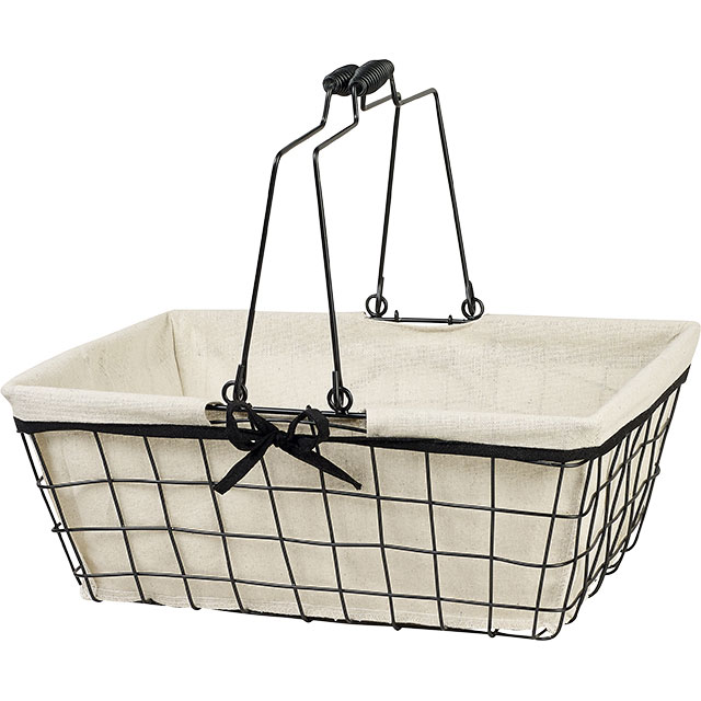 Panier métal rectangle noir/tissu écru liseré noir anses rabattables 39x29x15 cm, colisé par 10