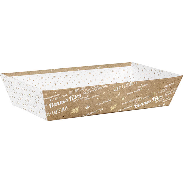 Corbeille carton rectangle kraft/blanc/dorure à chaud or Bonnes Fêtes 33x20x7 cm colisé par 24