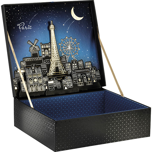 Coffret carton rectangle noir/vernis sélectif/décor POP-UP Paris /dorure à chaud 34,4x30,9x10 cm colisé par 5