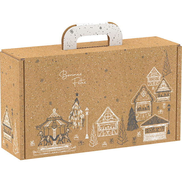 E1110 Valisette carton kraft rectangle Bonnes Fêtes chalets/gris/blanc 33x18,5x9,5 cm colisé par 20