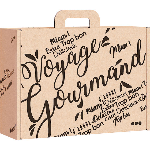 E1113 Valisette carton kraft rectangle Voyage Gourmand noir 34,2x25x11,5 cm colisé par 20