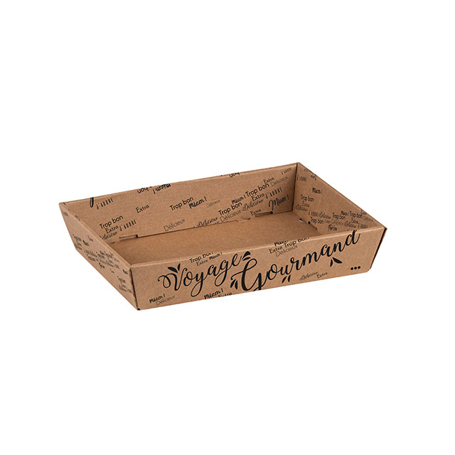 Corbeille carton kraft rectangle Voyage Gourmand noir livrée à plat ( dim. corbeille montée) 28x20,5x5,5 cm