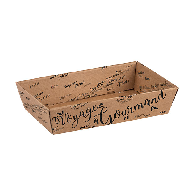 Corbeille carton kraft rectangle Voyage Gourmand noir livrée à plat ( dim. corbeille montée) 34x21x7,3 cm colisé par 50