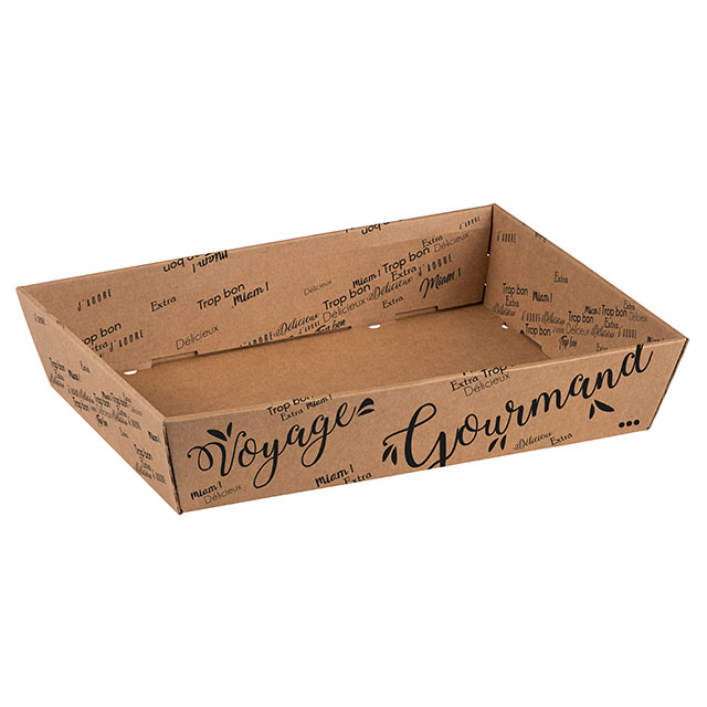 E1062 Corbeille carton kraft rectangle Voyage Gourmand noir livrée à plat 370x280x73 mm colisé par 50