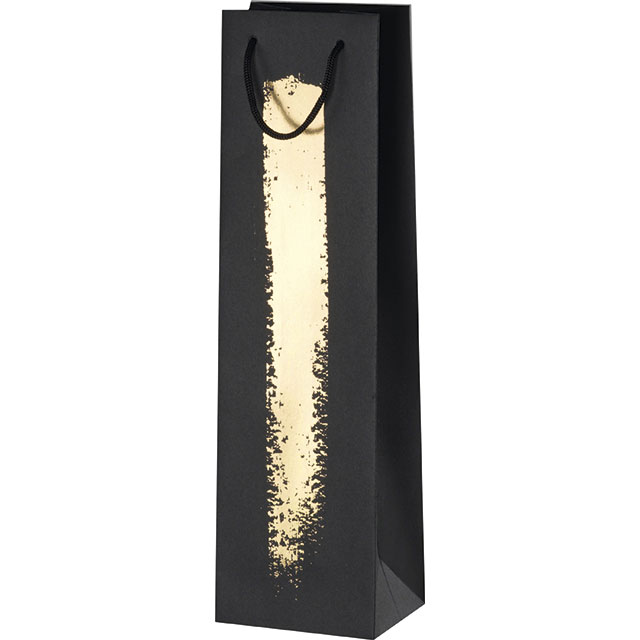 Sac papier 1 bouteille noir/or poignées corde oeillet de fermeture 11x9x39 cm colisé par 24