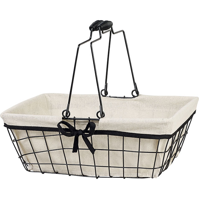 Panier métal rectangle noir/tissu écru liseré noir anses rabattables 35x25x13 cm colisé par 10