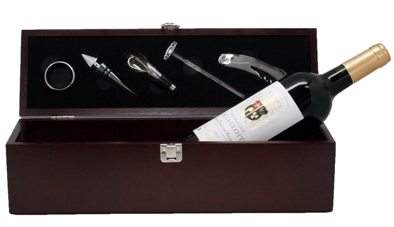 717-1-5 Coffret bois bordeaux pour 1 Bouteille + 5 Accessoires