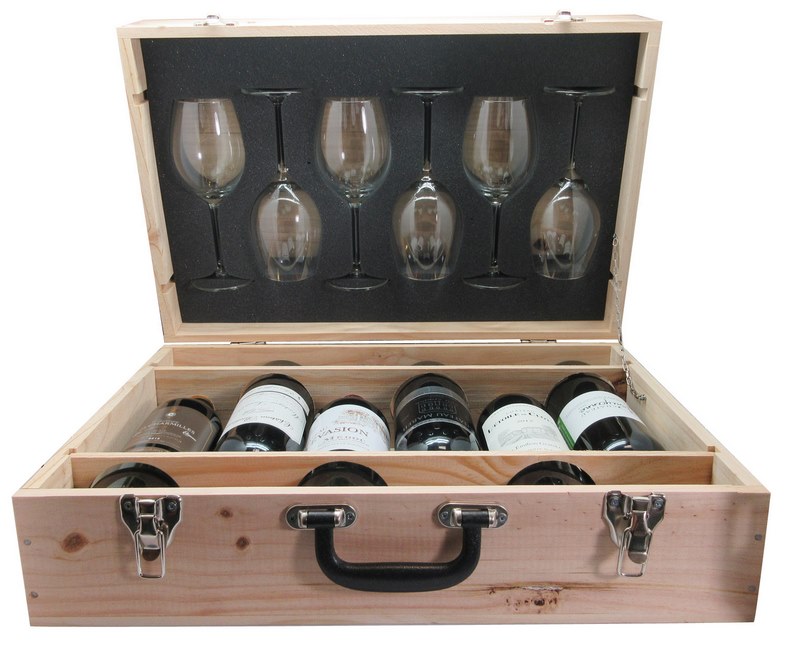 VALISE OENO Premium bois pour 6 Bouteilles + 6 Verres 36 cl