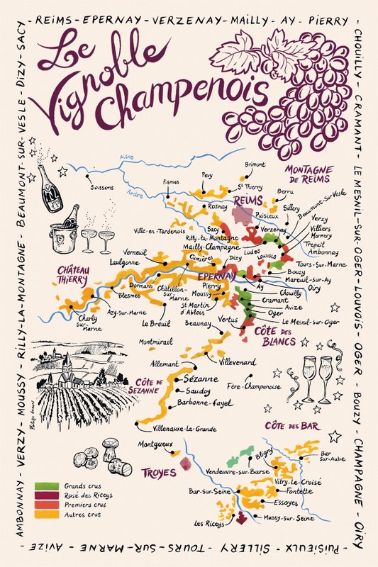 Torchon "Carte de la Champagne" écru