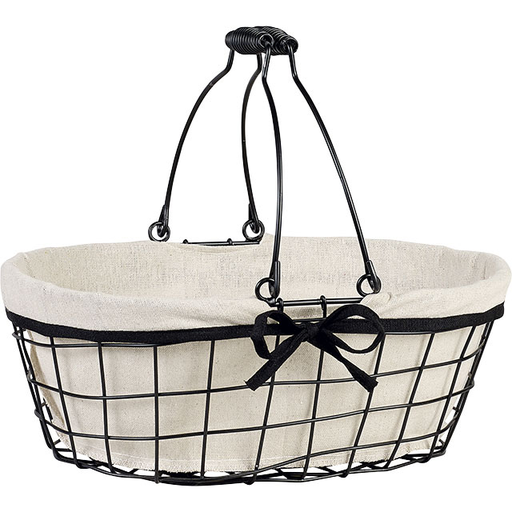 [EMB-BAM-F230M] Panier métal ovale noir/tissu écru anses rabattables 35x25x13 cm colisé par 10