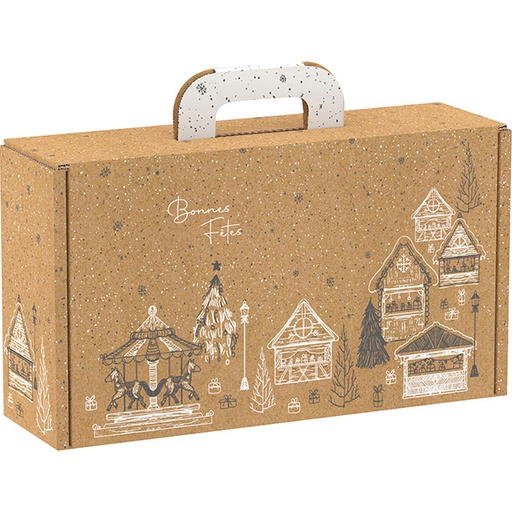 [EMB-BAM-CV036P] Valisette carton kraft rectangle Bonnes Fêtes chalets/gris/blanc 33x18,5x9,5 cm colisé par 20