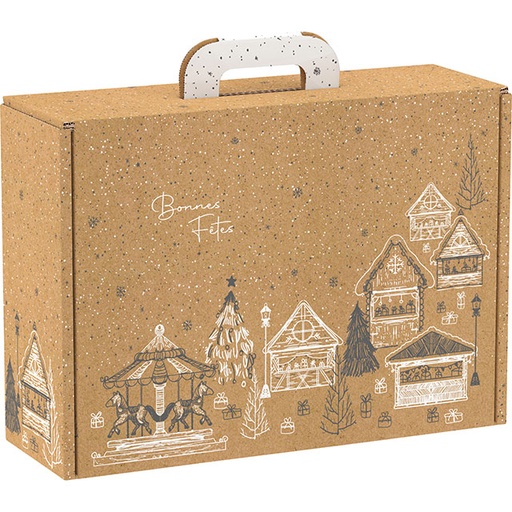 [EMB-BAM-CV036M] E1111 Valisette carton kraft rectangle Bonnes Fêtes chalets/gris/blanc/ 34,2x25x11,5 cm colisé par 20