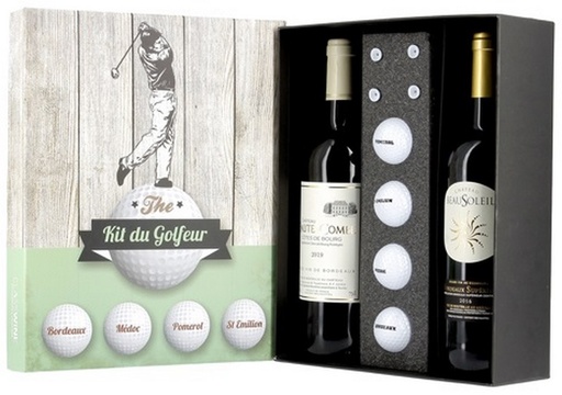 [AG-F162-COFFRET GOLFEUR] Coffret GOLFEUR 2 Bouteille + 4 Balles de golf + 4 Tees